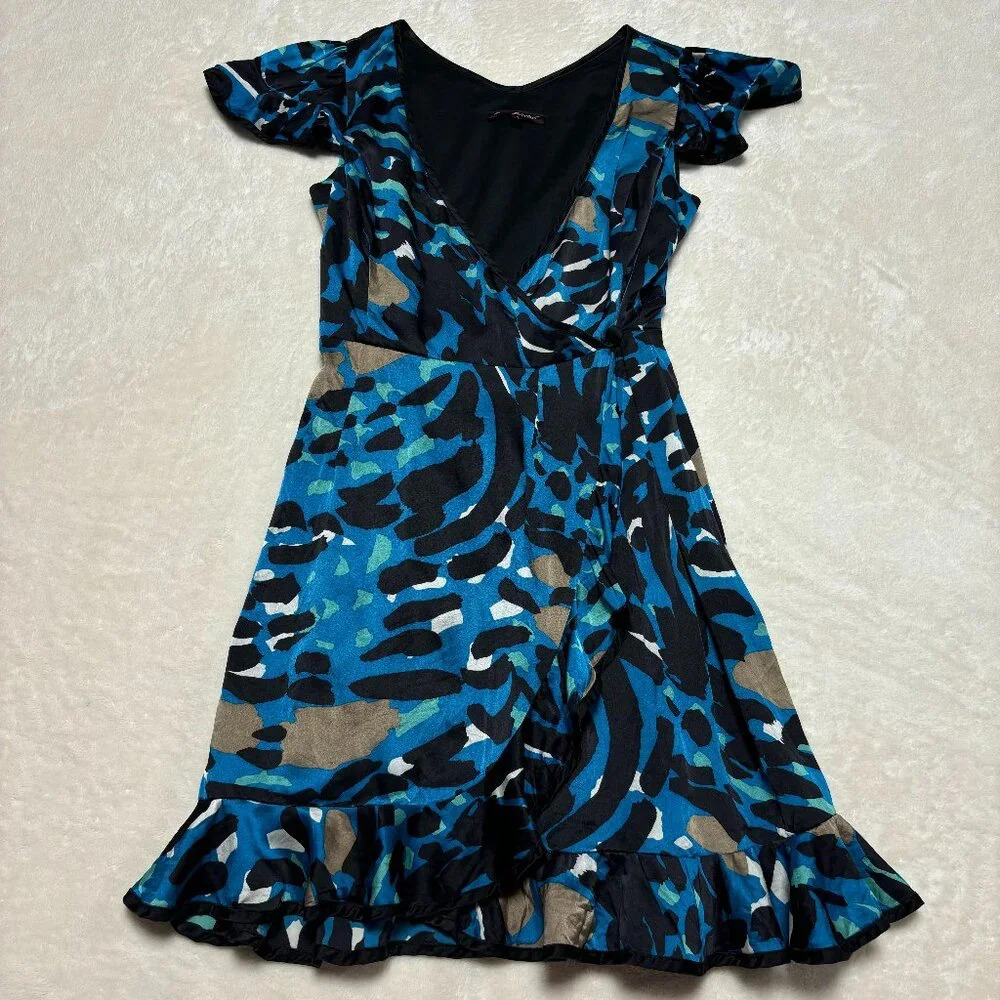Betsey Johnson Womens Y2K Mini Wrap‎ Dress Size 4 Blue Leopard Silk USA Ruffles